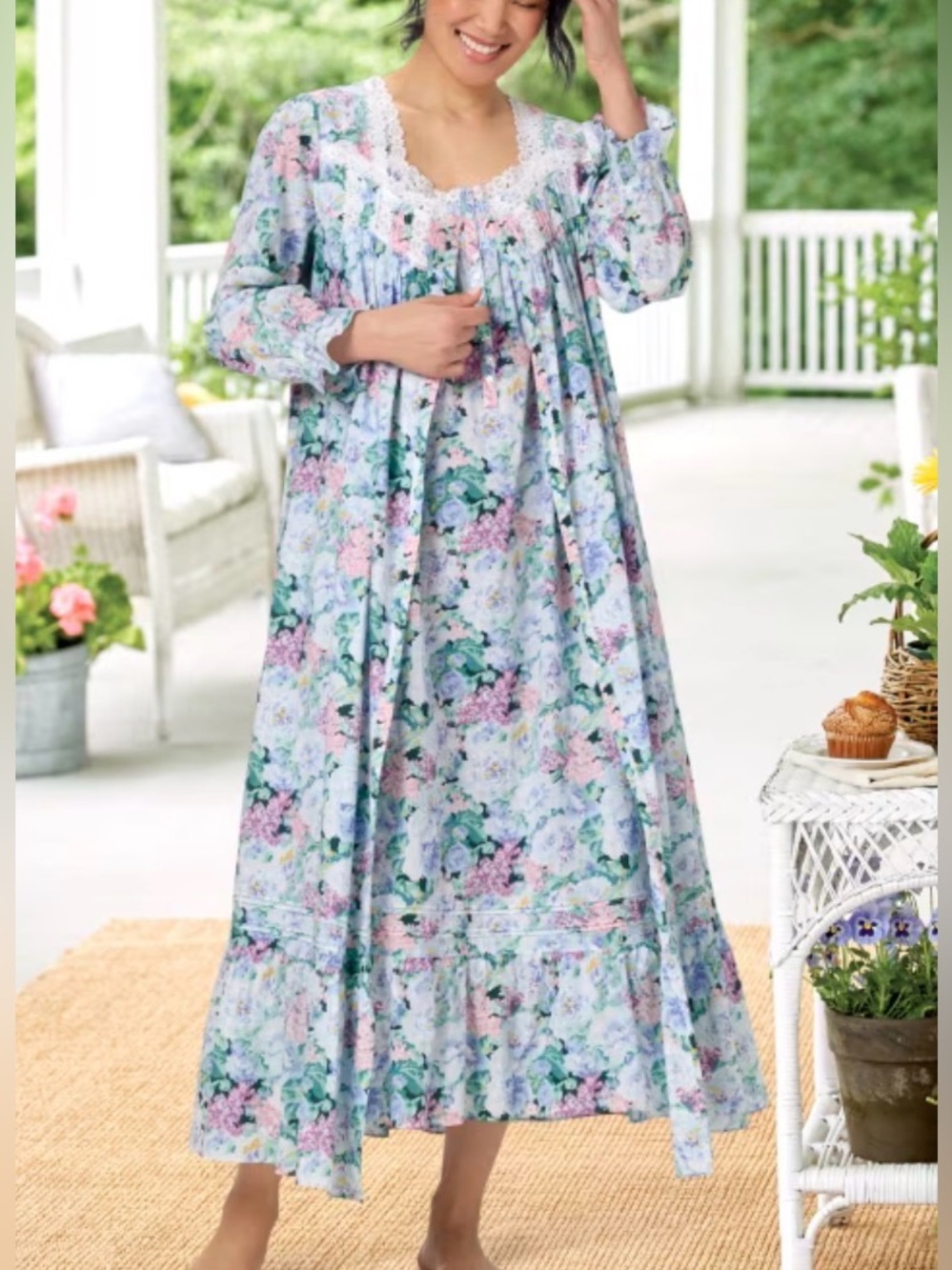 Eileen West Floral Cotton Ballet Nightgown Blue Medium NWOT